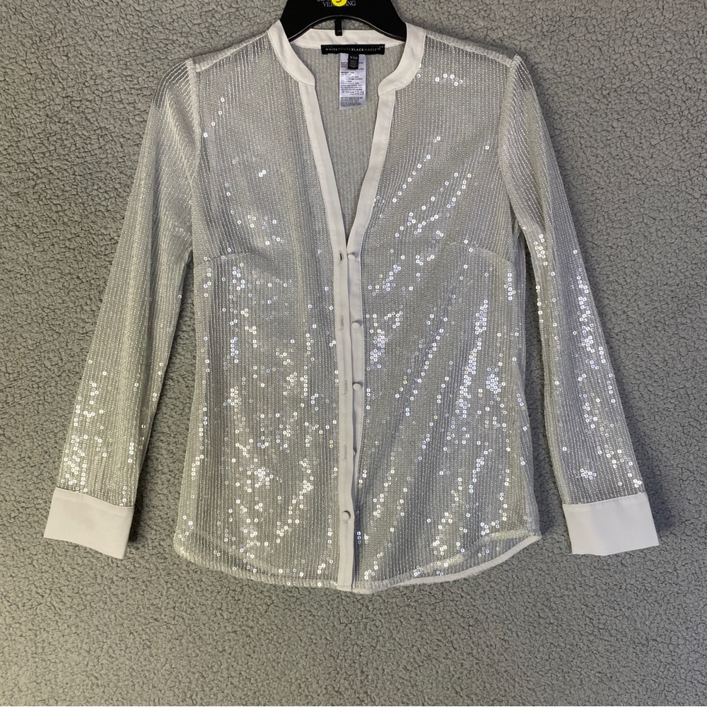 R White House Black Market Womens Sparkly Sequins Top XXS Silver Sheer party